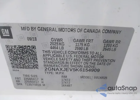 2019 Chevrolet Equinox Lt из США, поврежденный, VIN 2GNAXJEV5K6154909